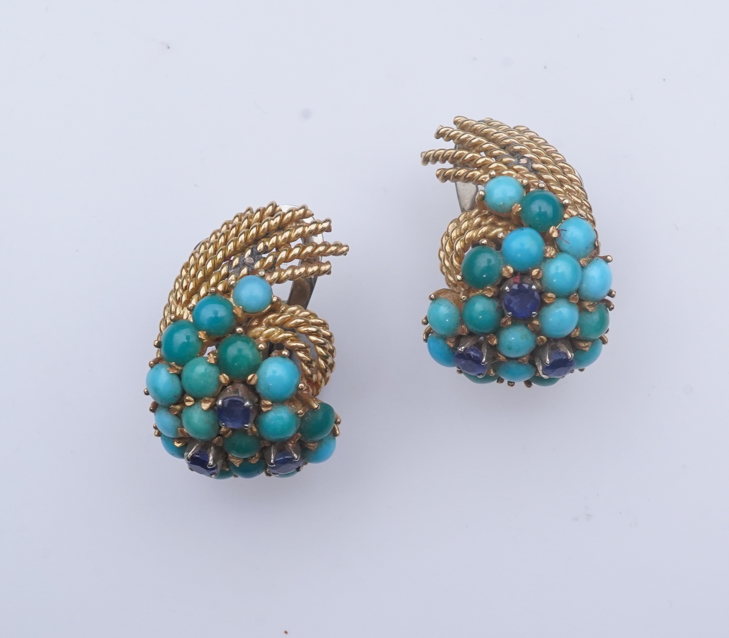 A pair of turquoise and sapphire ear clips, 1960s